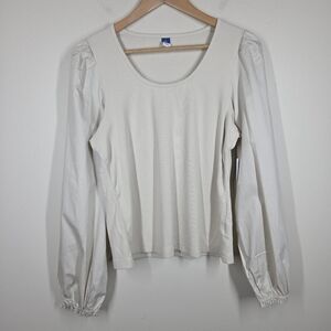 NWT Old Navy Beige Puff Balloon Sleeve Ribbed Long Sleeve Top Scoop Neck XL